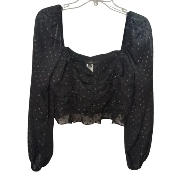 Lulu's Totally Charmed Black Ruched Clip Dot Balloon Sleeve Top Size Small - Picture 4 of 8